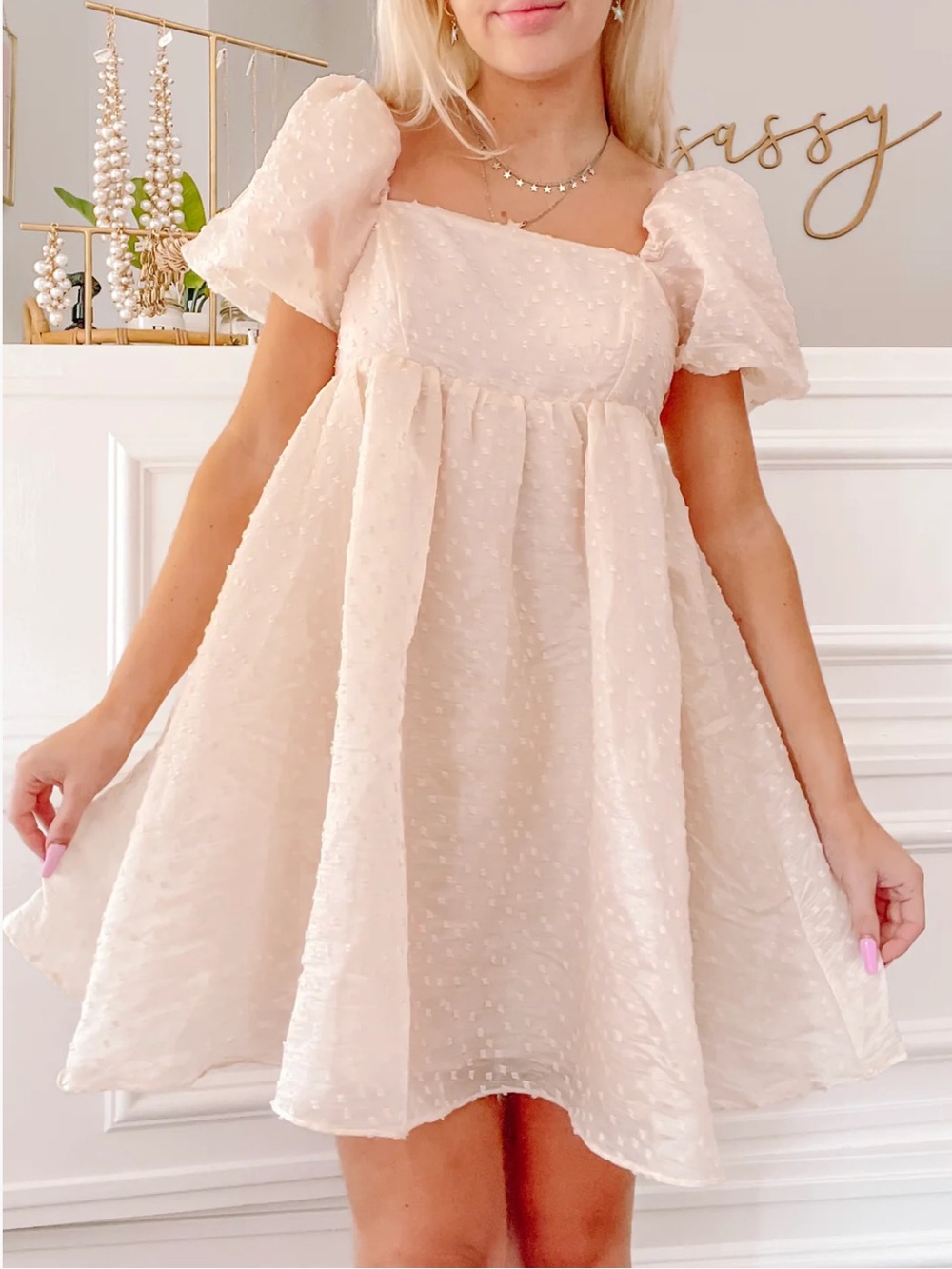 STORIA Blush Pink Puff Sleeve Textured Babydoll  Dress